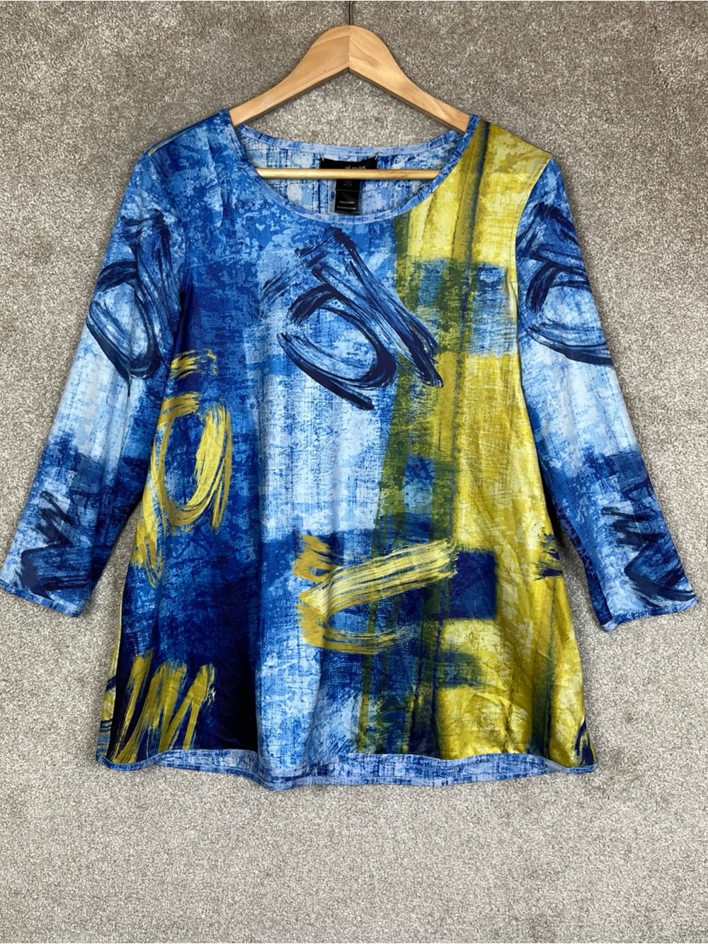 Ali Miles Shirt Womens Small Blue Yellow Abstract Stretch Pullover- 5222